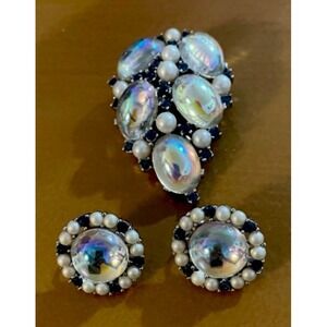 Vintage Trifari Alfred Philippe Moonstone‎ Brooch & Earrings Set Jewelry 1950's
